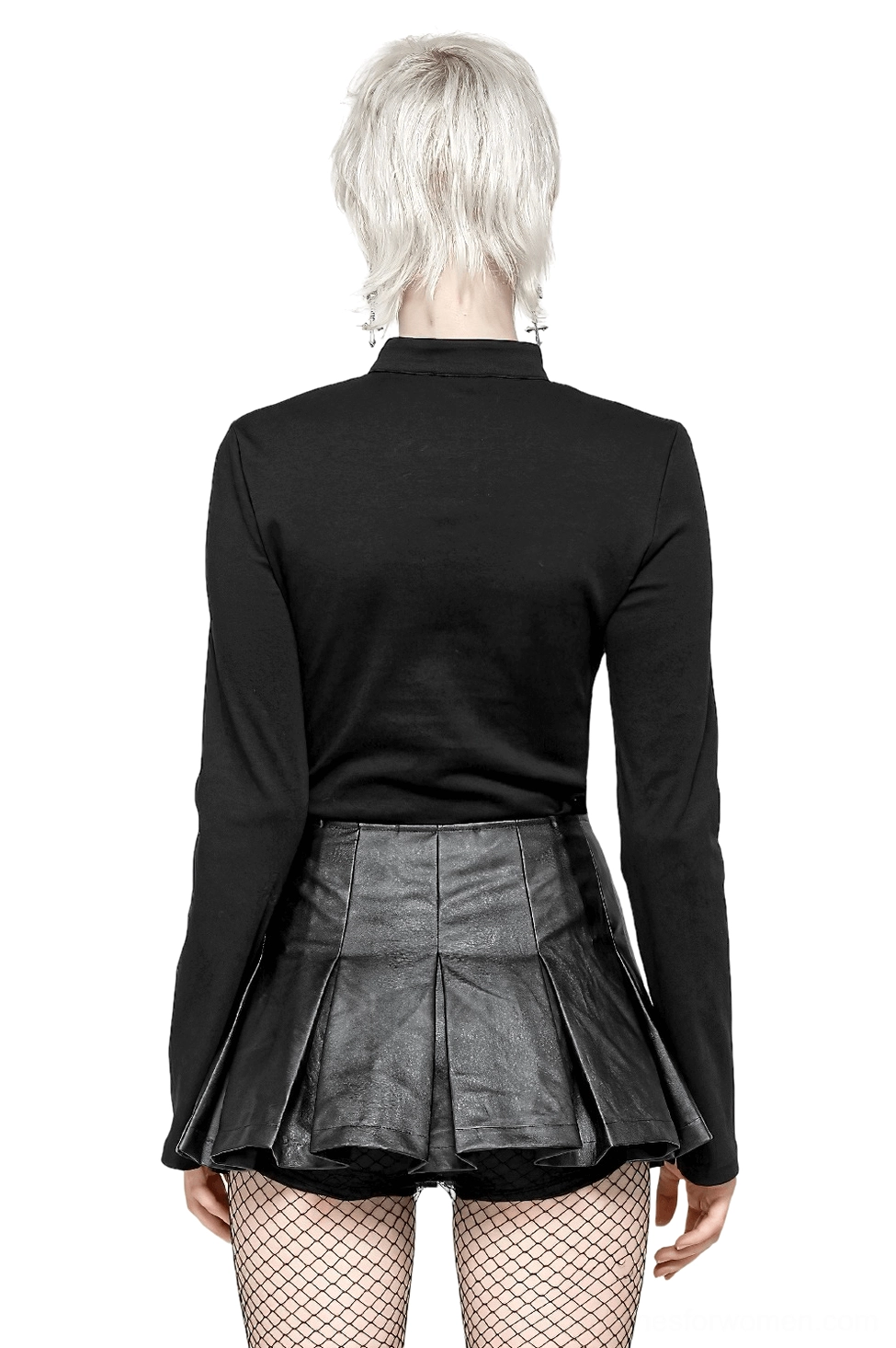 Slim-fit black gothic long sleeve top back view showing plain back design and mock neck styling