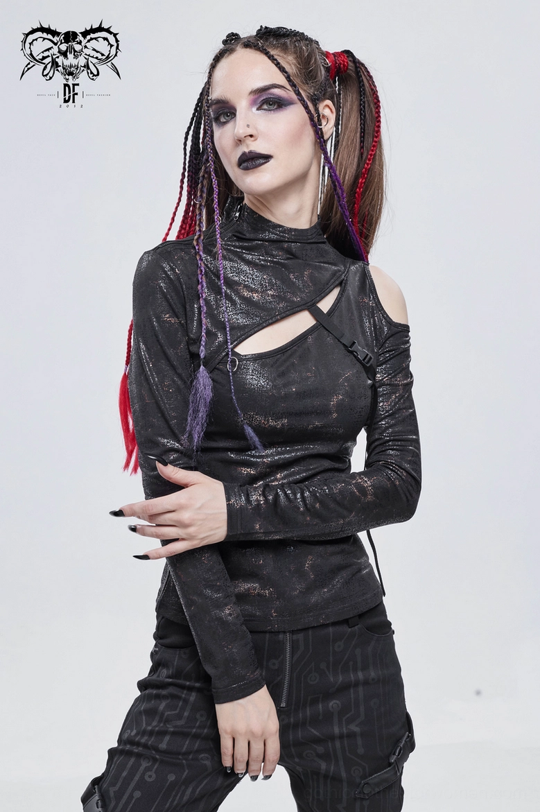 Gothic women's black cutout top with high mock neck and distressed metallic printed finish, fashion styling shot