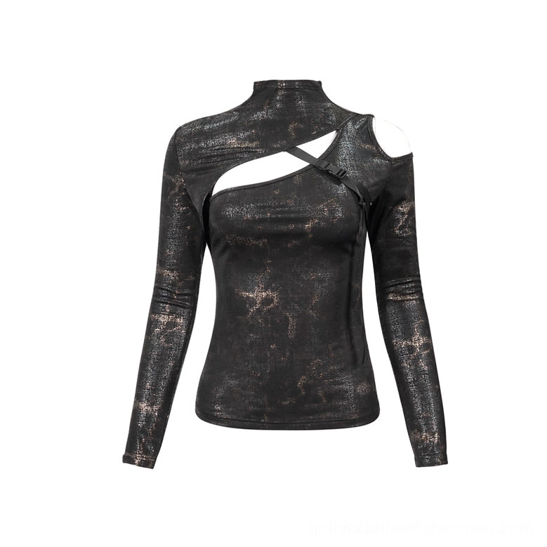 Black gothic cutout slim fitted top with asymmetrical chest strap and high mock neck, flat lay front view