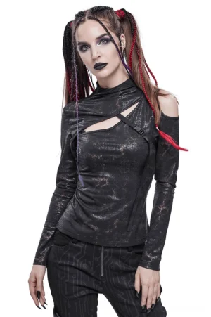 Gothic black cutout slim fitted long sleeve top with adjustable buckle strap, front three-quarter view on model with metallic distressed finish