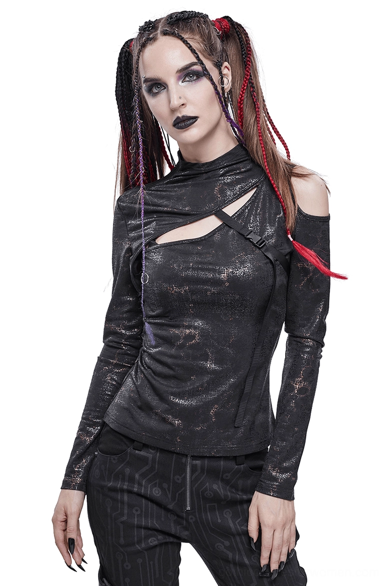 Gothic black cutout slim fitted long sleeve top with adjustable buckle strap, front three-quarter view on model with metallic distressed finish