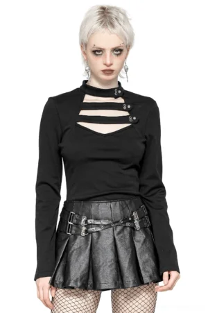 Black gothic long sleeve top with mock neck and strappy cutout detail featuring metal button accents, front three-quarter view on model