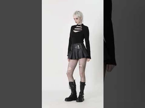 Black gothic cutout long sleeve top styled with mini skirt and combat boots in complete dark fashion outfit