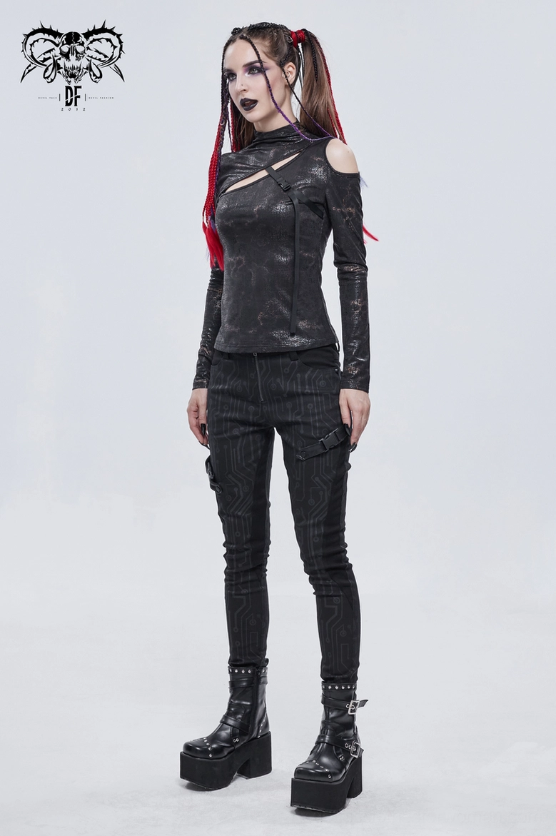 Gothic black cutout slim fitted top showing adjustable buckle strap and metallic fabric texture, detail view