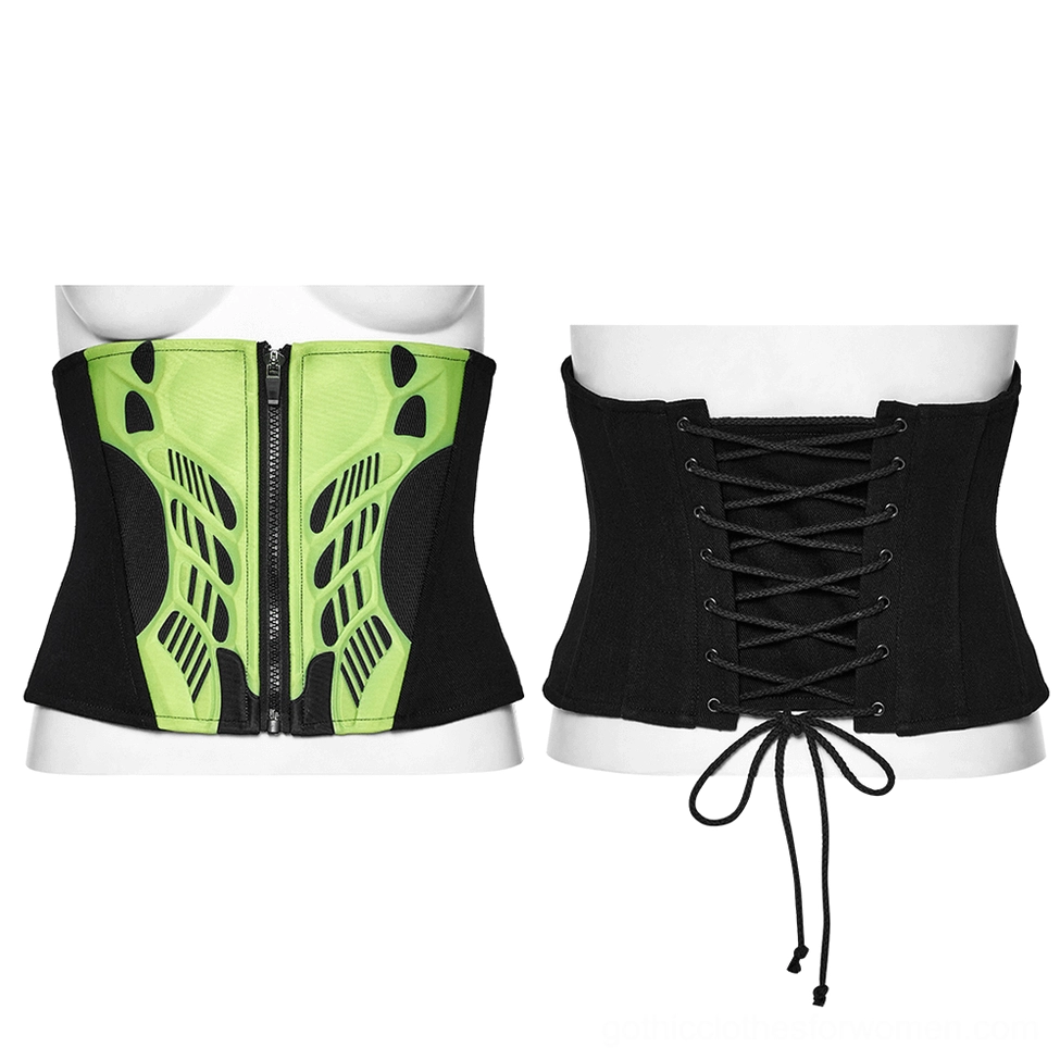 Cyberpunk waist corset flat lay comparison front and back on mannequin torsos showing neon green armor and lacing