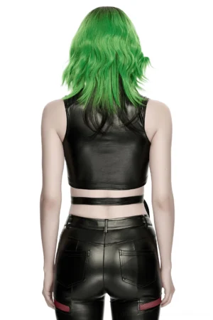 Back view of black wine red lace-up faux leather gothic crop top with adjustable waist harness on model