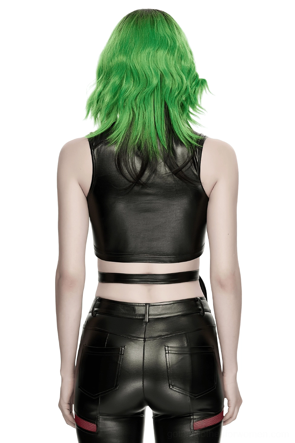 Back view of black wine red lace-up faux leather gothic crop top with adjustable waist harness on model