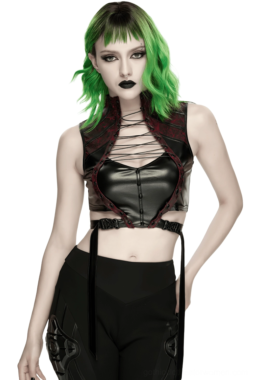 Black and wine red lace-up faux leather gothic cyberpunk crop top front view on model with green hair