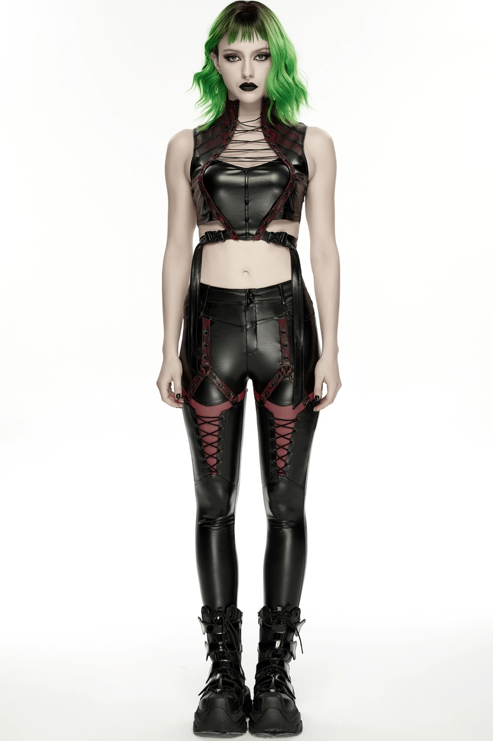 Alternative fashion gothic cyberpunk crop top with contrasting fabric panels and adjustable elements