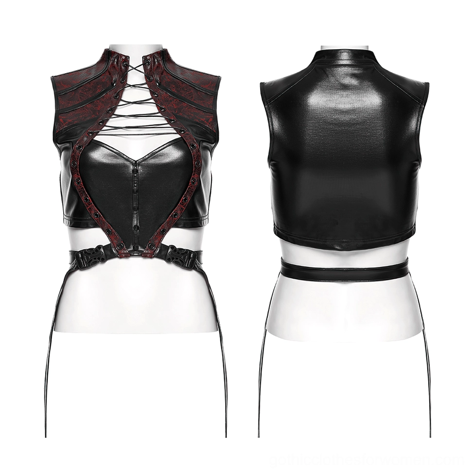 Front and back dual view of lace-up faux leather gothic cyberpunk crop top with contrasting red cracked trim