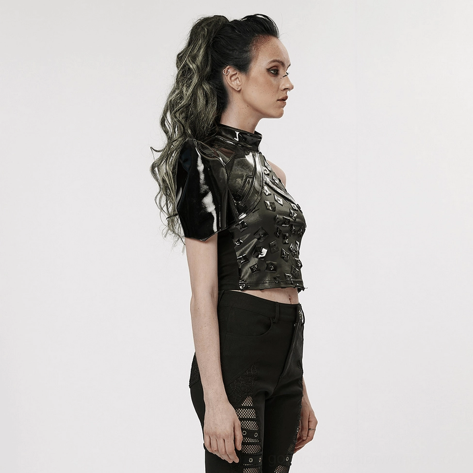 Front angled view of gothic cyberpunk one-shoulder harness with adjustable collar and shoulder armor structure