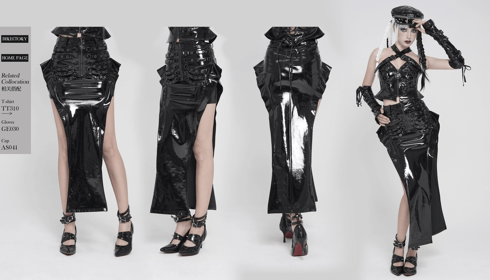 Model styled in black patent leather gothic maxi skirt with futuristic accessories and cyberpunk makeup for alternative fashion