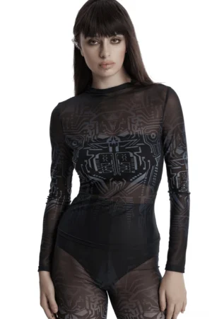 Black mesh cyberpunk skull circuit long-sleeve gothic top front view worn on model against white background
