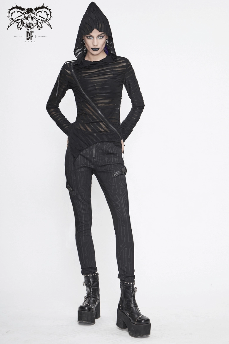 Back pocket and rear panel detail showing circuit print on gothic cyberpunk pants