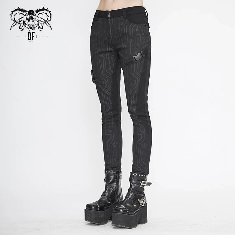 Pocket and side strap architectural detail on black circuit printed gothic cyberpunk pants