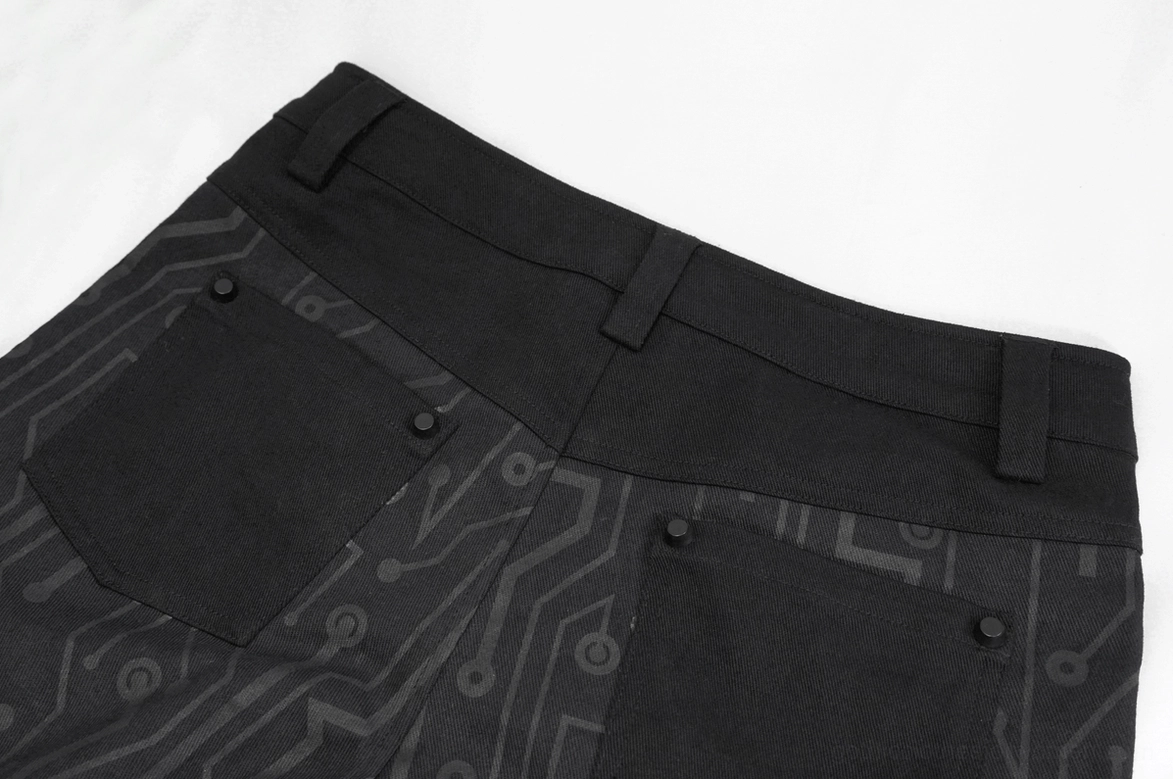 Waistband and front zip fly detail on circuit printed gothic cyberpunk skinny pants