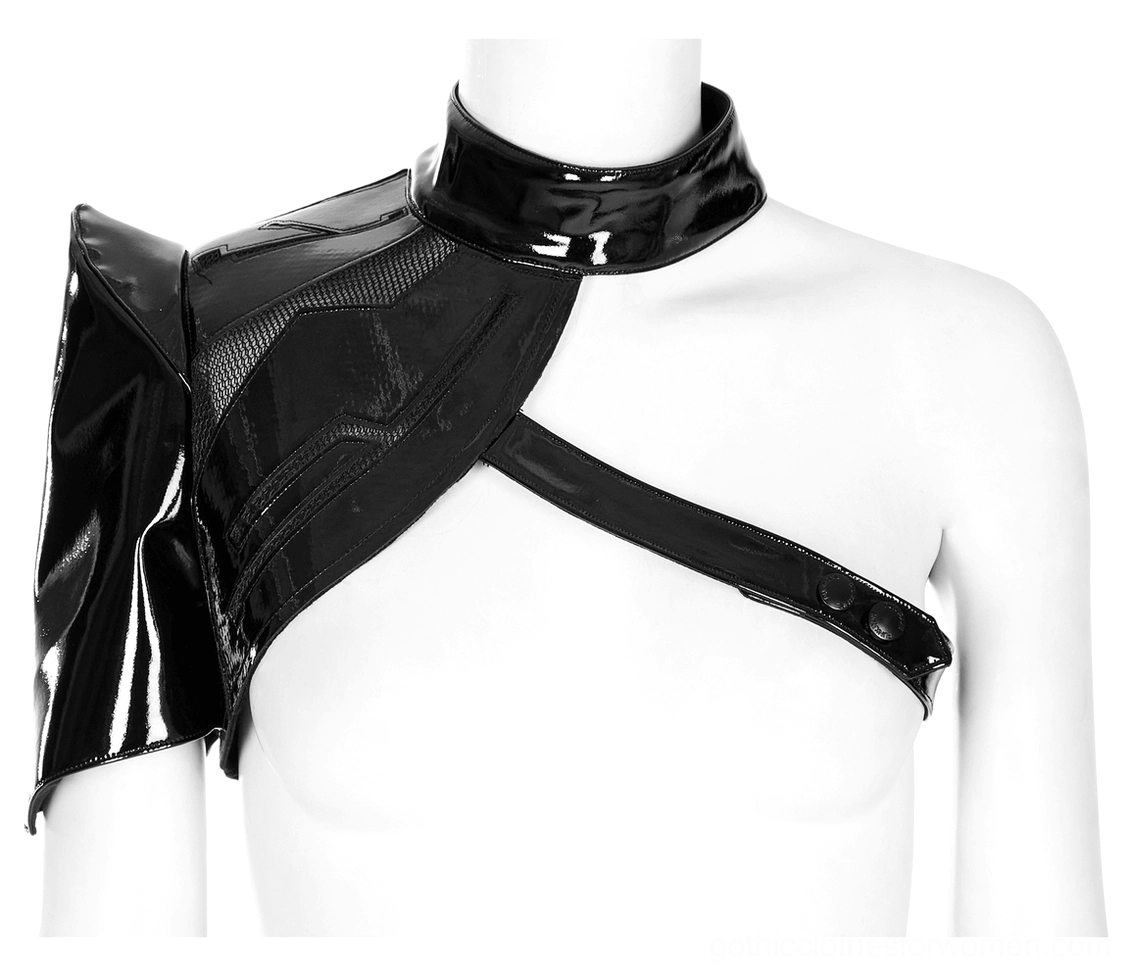 Close-up front view of gothic cyberpunk shoulder armor showing geometric embossed panels and high-shine patent leather finish