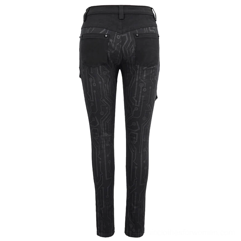 Black circuit printed gothic cyberpunk pants back flat lay showing rear pockets and print pattern