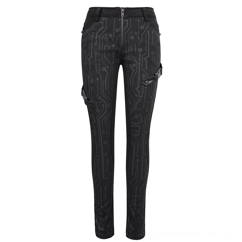 Black circuit board printed cyberpunk pants flat lay front display