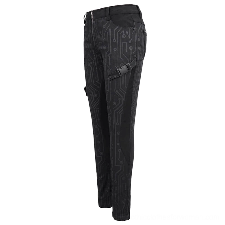 Black circuit board printed cyberpunk pants alternate side panel flat lay