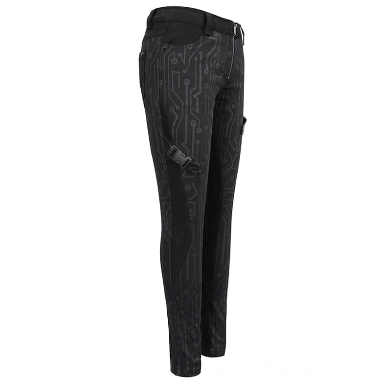 Black circuit printed gothic cyberpunk pants side flat lay view showing slim fit silhouette