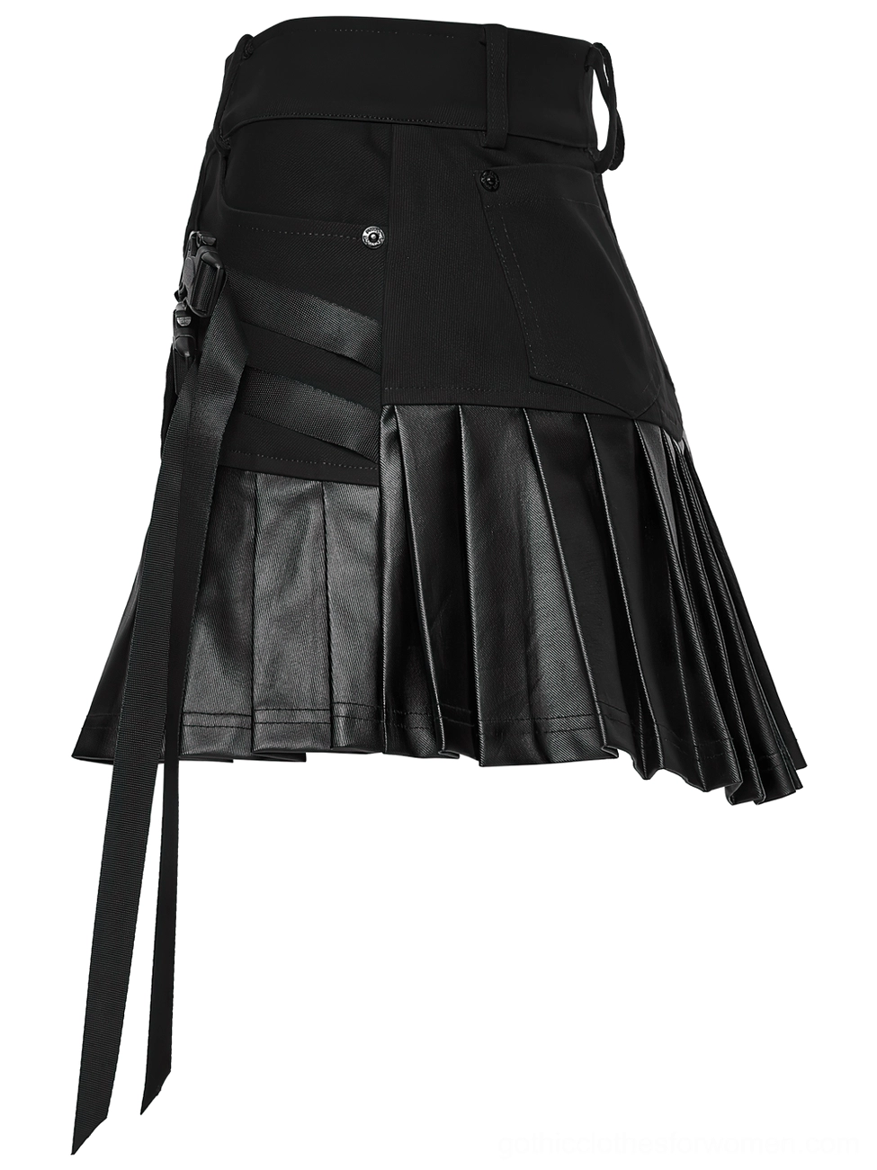 Side view flat lay of black cyberpunk gothic skirt displaying webbing strap accents, pleated faux leather section, and double hanging long straps with matte finish