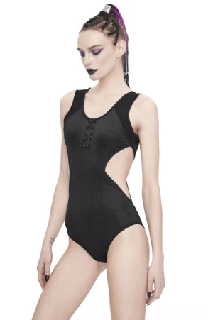 Black gothic cyberpunk one-piece swimsuit front three-quarter view with side cutouts and front zipper spike details on model