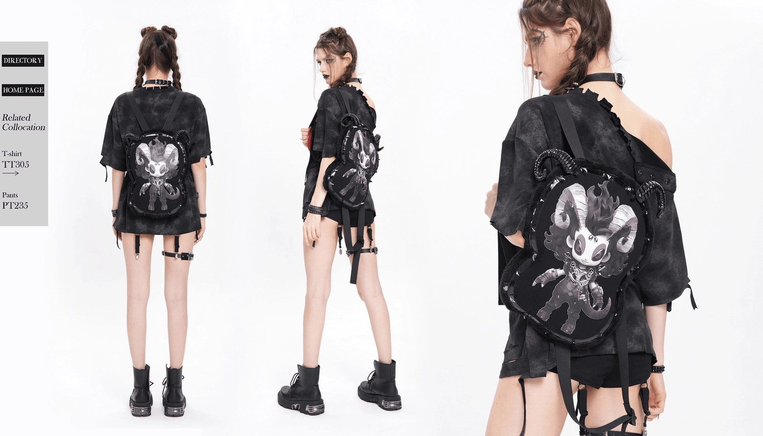 Comprehensive view of gothic demon character backpack with horns and spikes in black plush material