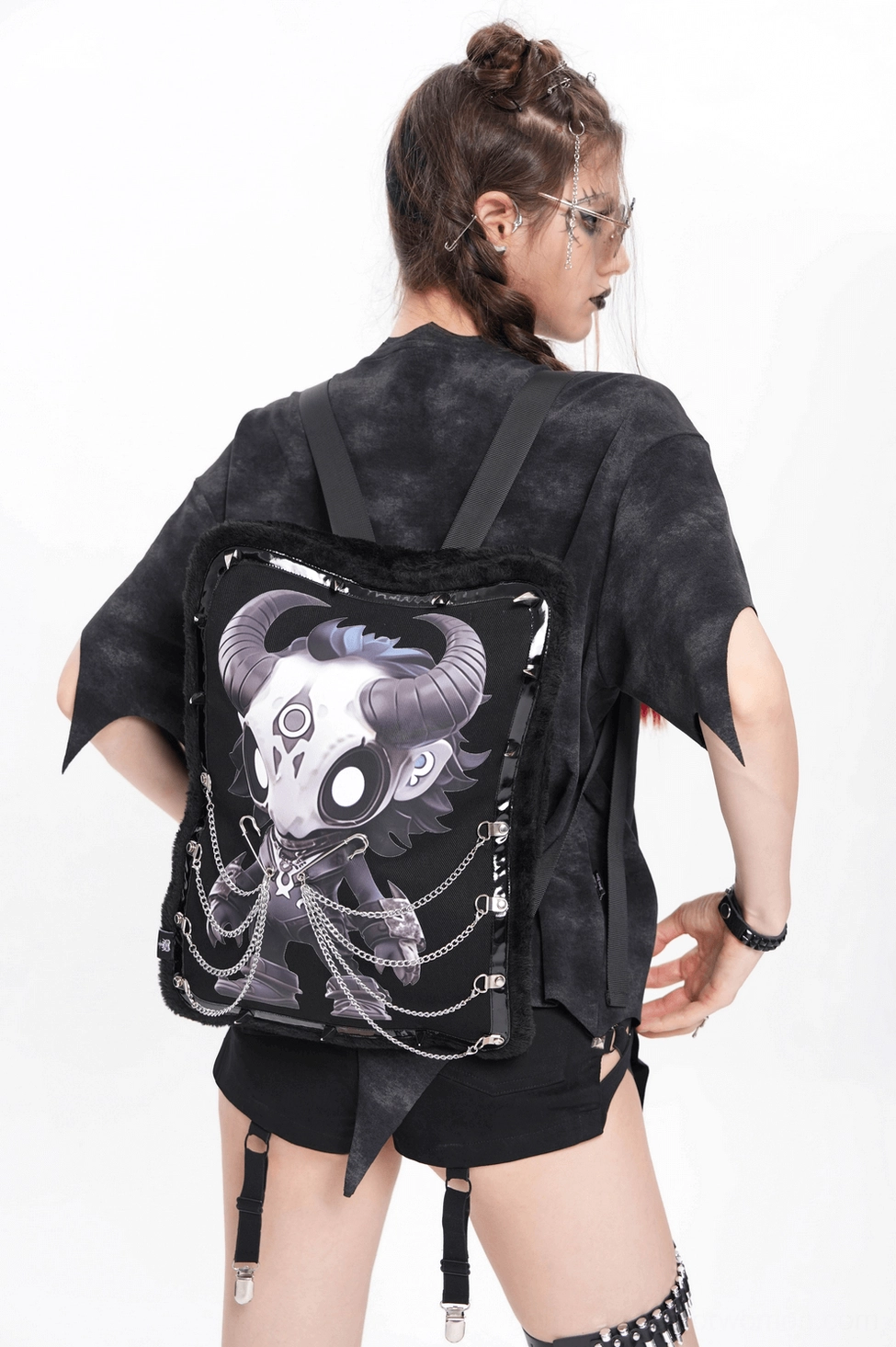 Demon skull gothic backpack lifestyle shot showing practical use and style integration with alternative fashion and punk aesthetic elements