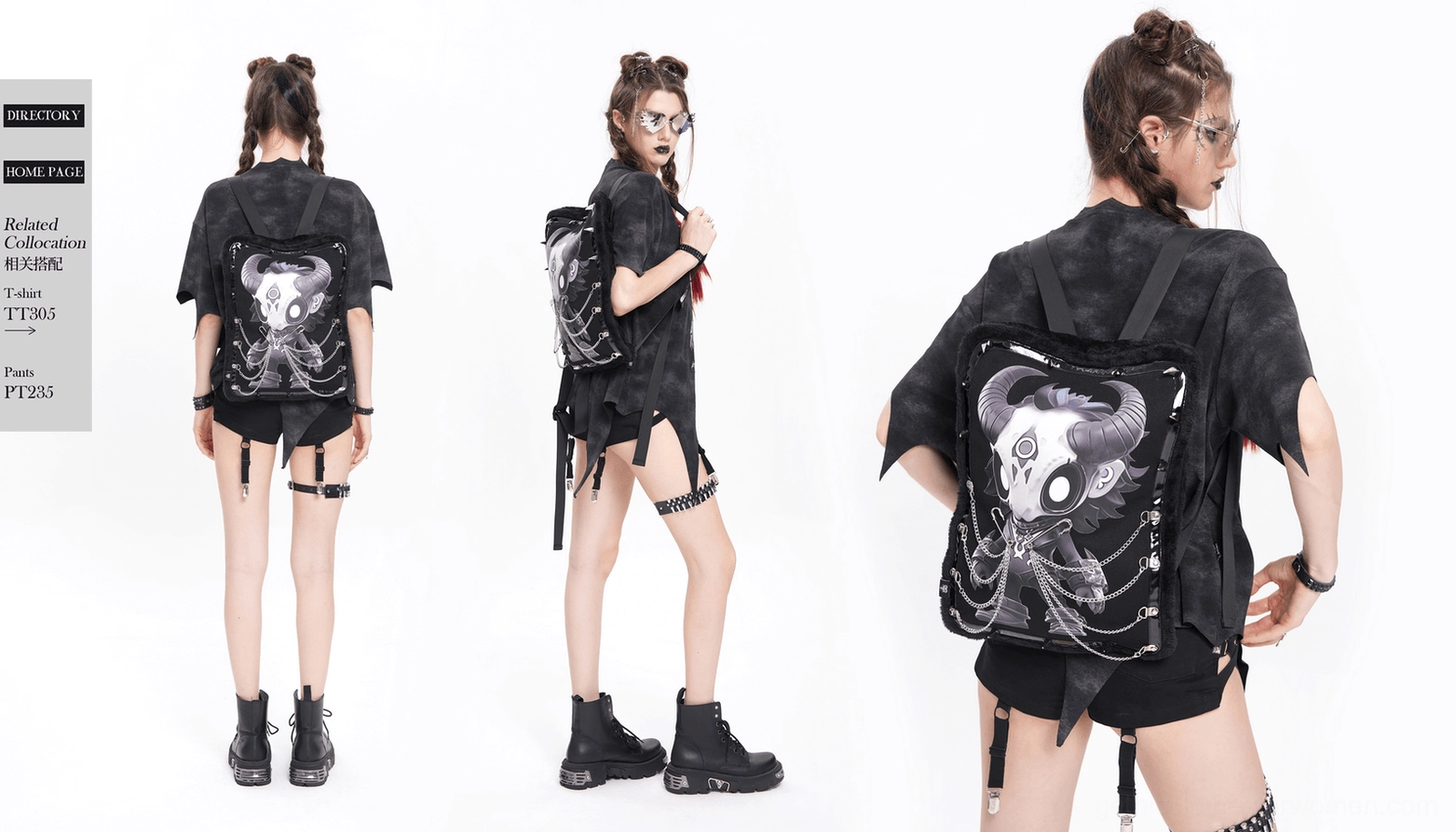 Detailed side profile of gothic demon backpack emphasizing fur trim texture, chain decorations and cartoon demon artwork on black structured bag