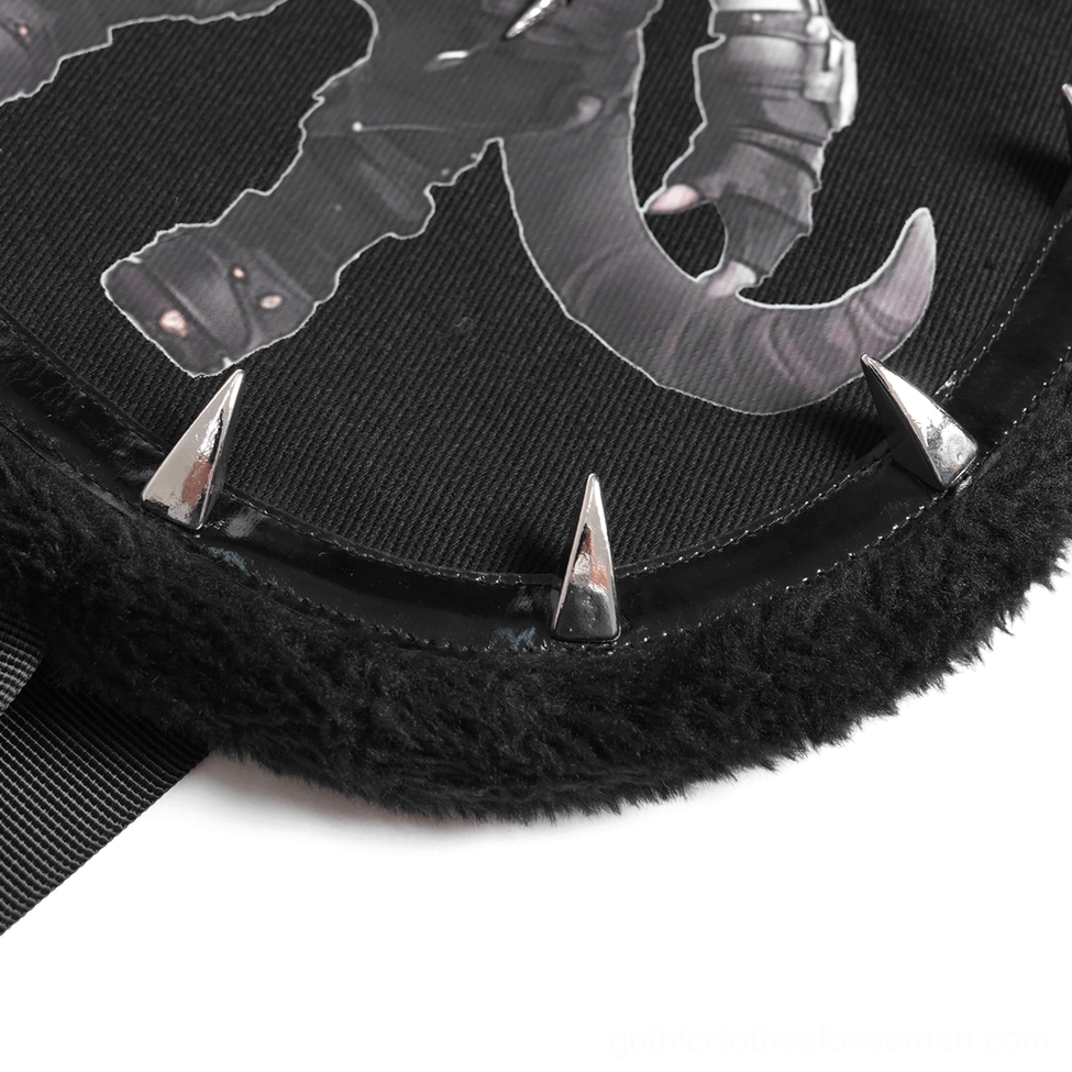 Gothic demon plush backpack additional style view showcasing horns, spikes, and overall dark aesthetic appeal
