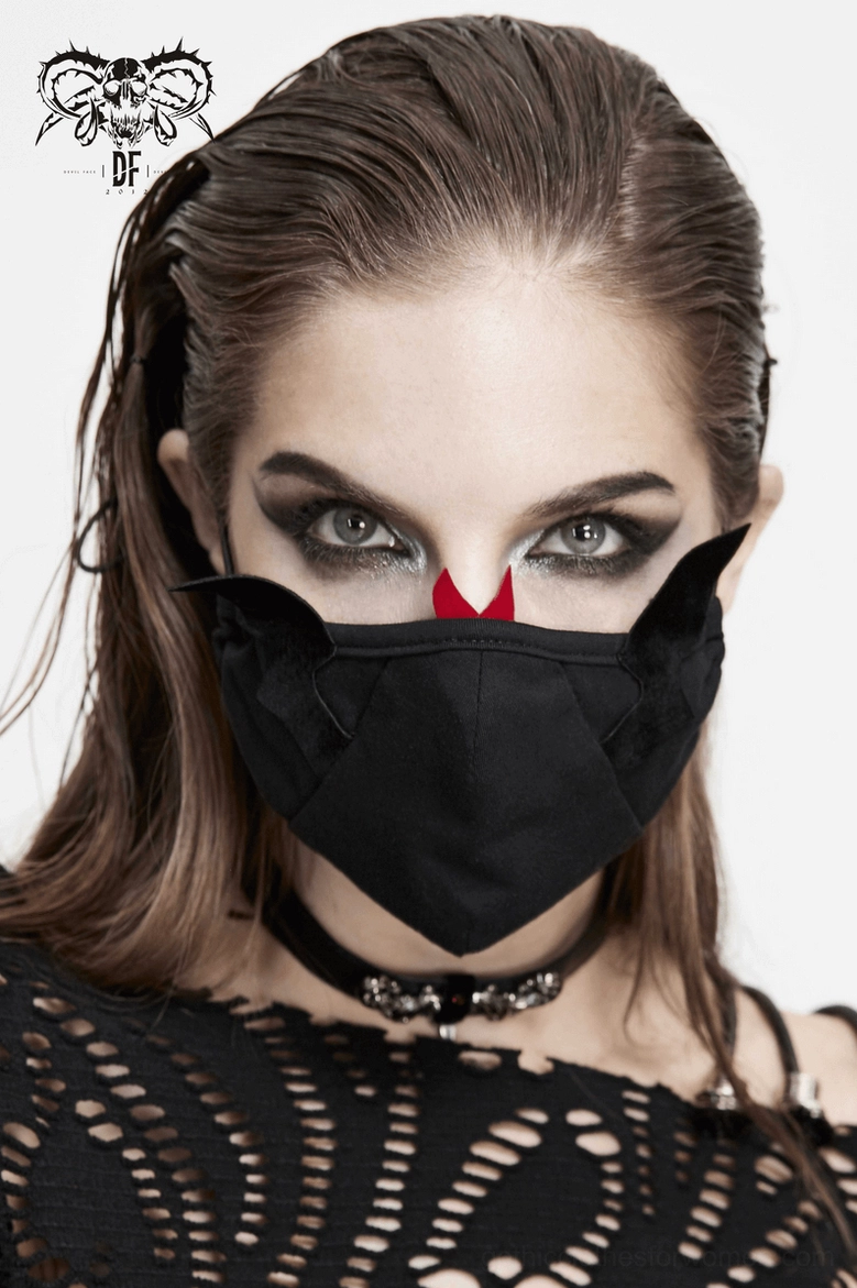 Black gothic demon wings face mask with red horns, alternative fashion statement piece for goth style