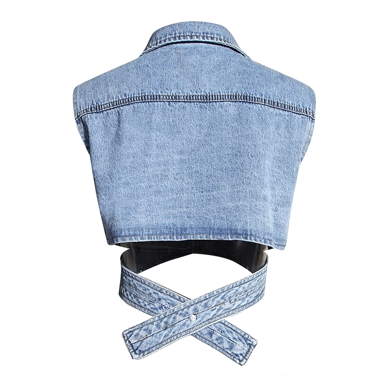 Gothic cropped denim vest with adjustable waist strap back view showcasing washed blue denim fabric texture