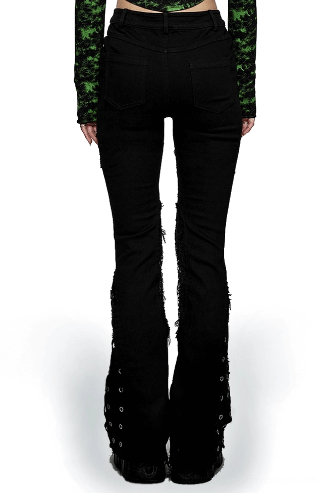 Black gothic flare denim pants back view with frayed mesh details and eyelet trim