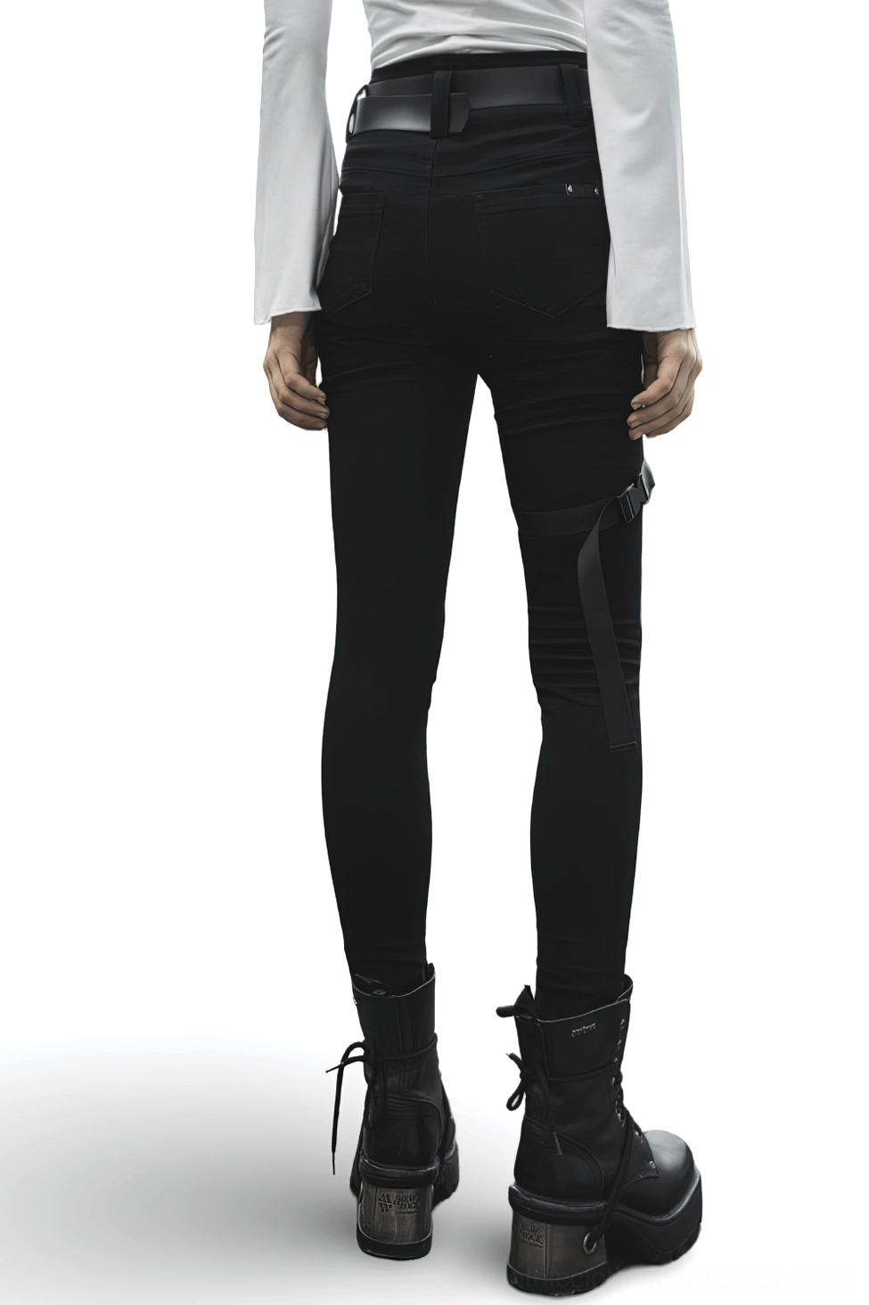 Black gothic slim fit jeans rear view with thigh harness and ankle straps on female model