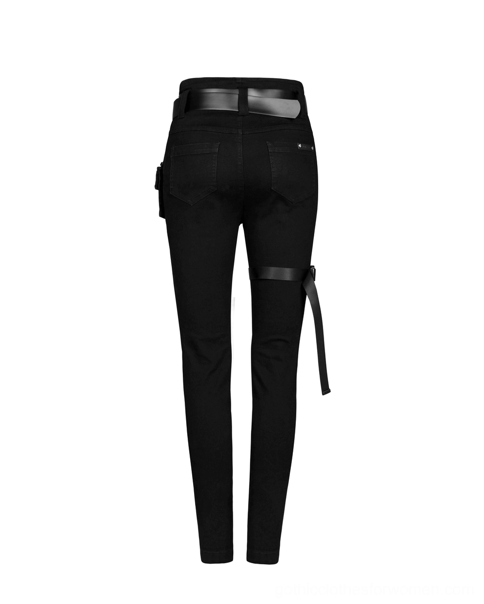 Rear product shot of gothic black slim fit denim jeans with back pocket and thigh strap attachment points