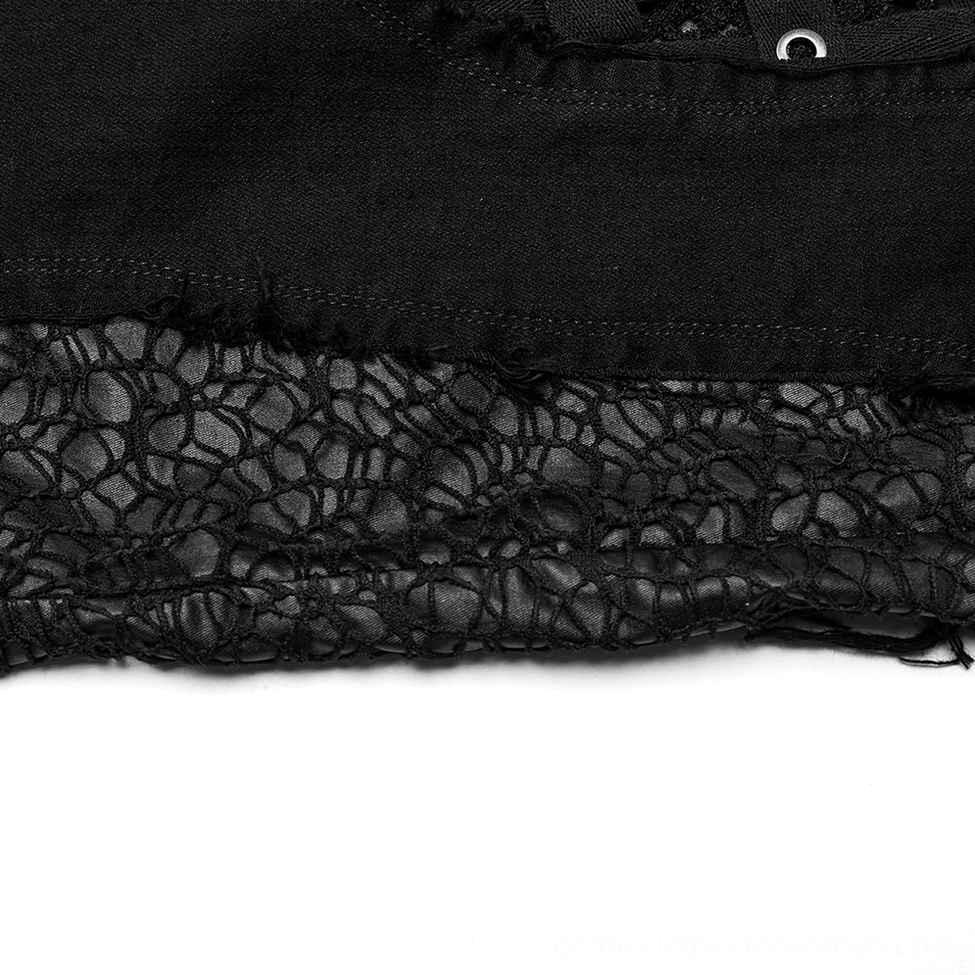 Crochet mesh fabric texture and raw frayed denim edges on gothic flare pants