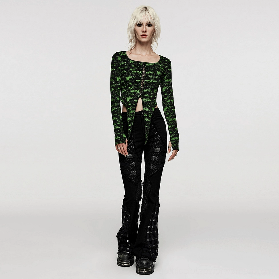 Black gothic flare denim pants with mesh panels and rubberized leather accents