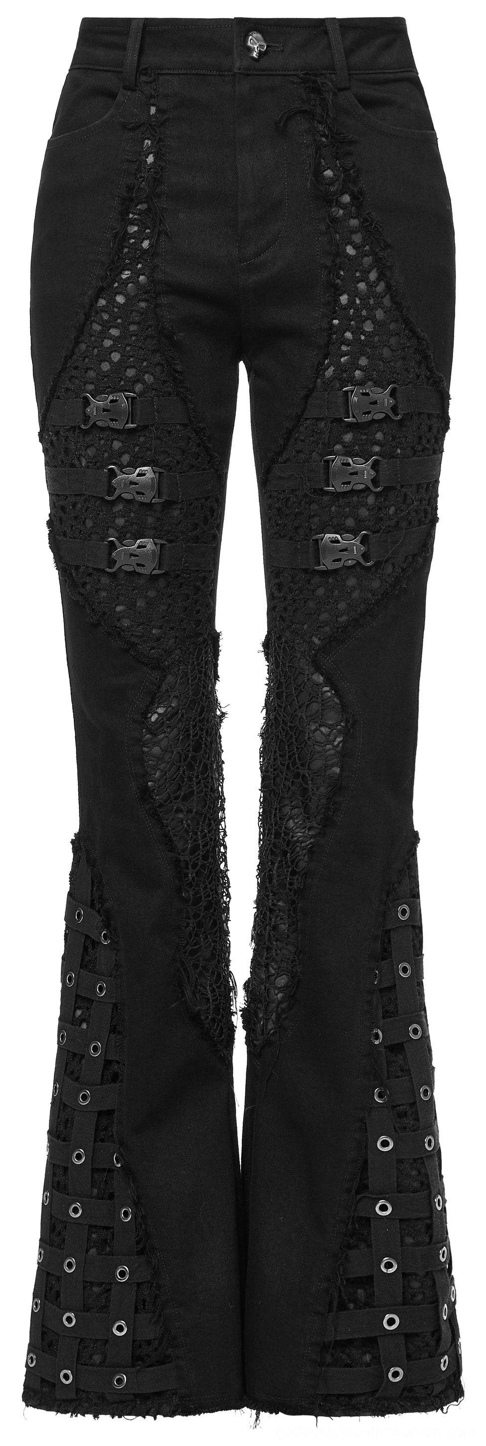 Black mesh insert denim flares front flat lay with metal buckles and eyelet details