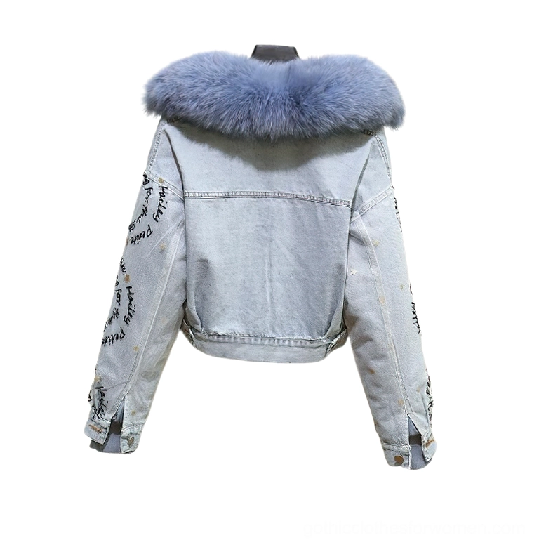 Gothic denim parka back view showing light blue fur collar, letter print sleeves, and side slit cuffs