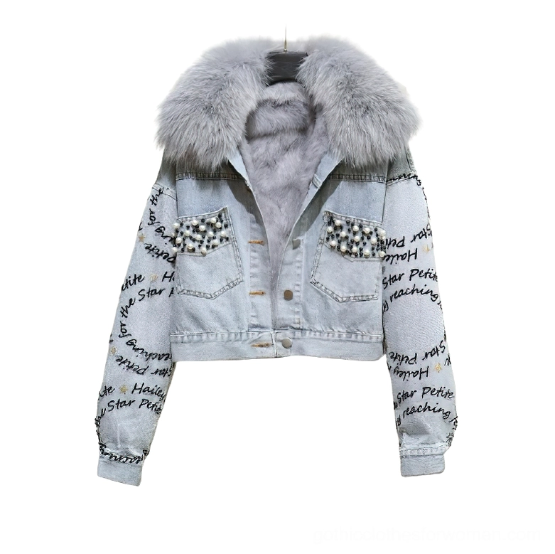 Women's denim parka with grey fox fur collar and dark grey fur liner, pearl beaded pocket embellishment