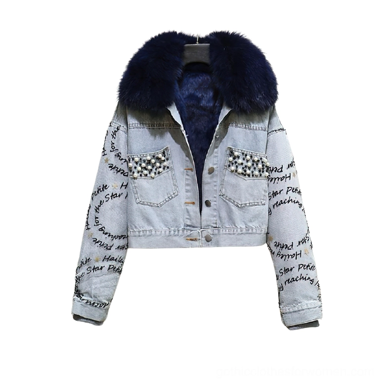 Dark navy blue fox fur denim parka with navy inner lining and pearl beaded pockets, front view