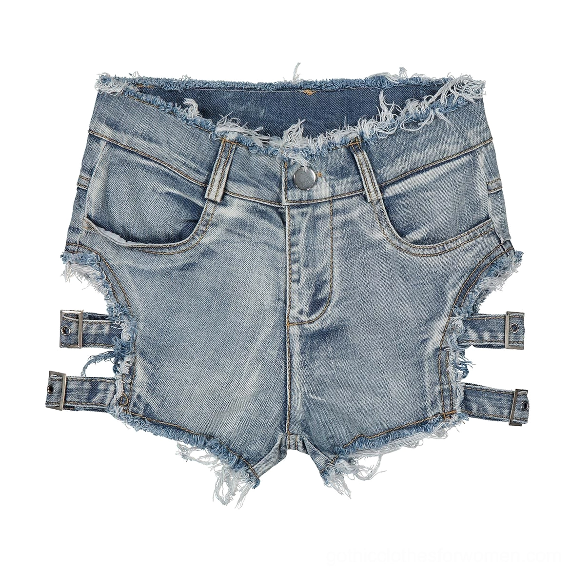 Model wearing layered gothic outfit with denim shorts and alternative accessories, full body view