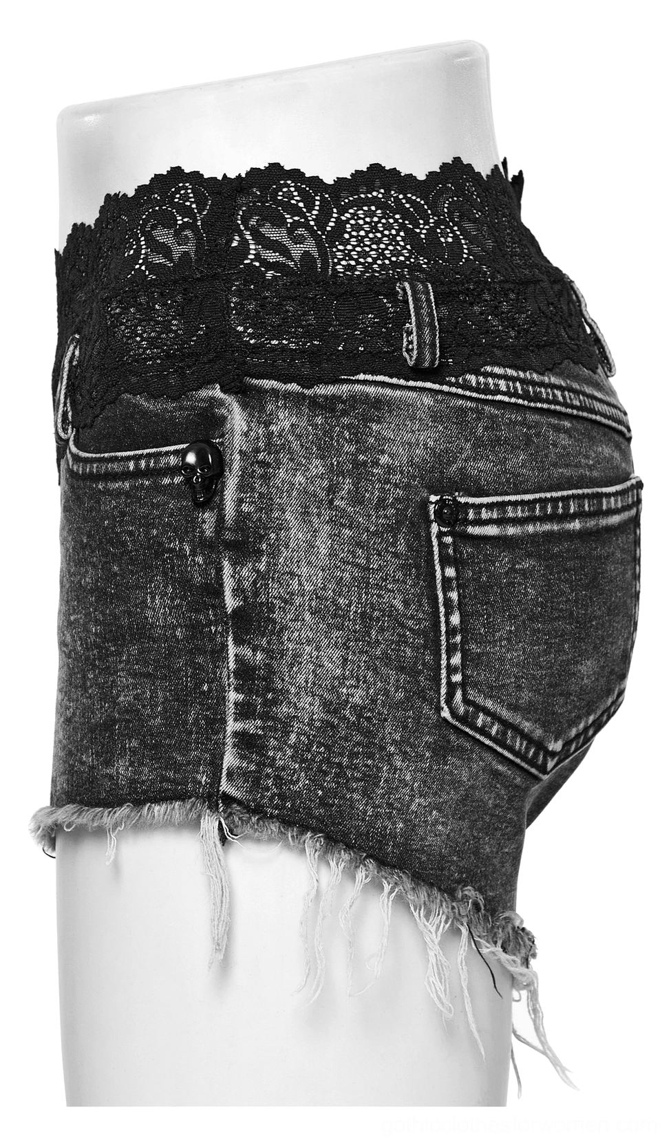 Side profile of black lace-trim high-waisted denim shorts on mannequin, showing fitted silhouette and side zipper detail