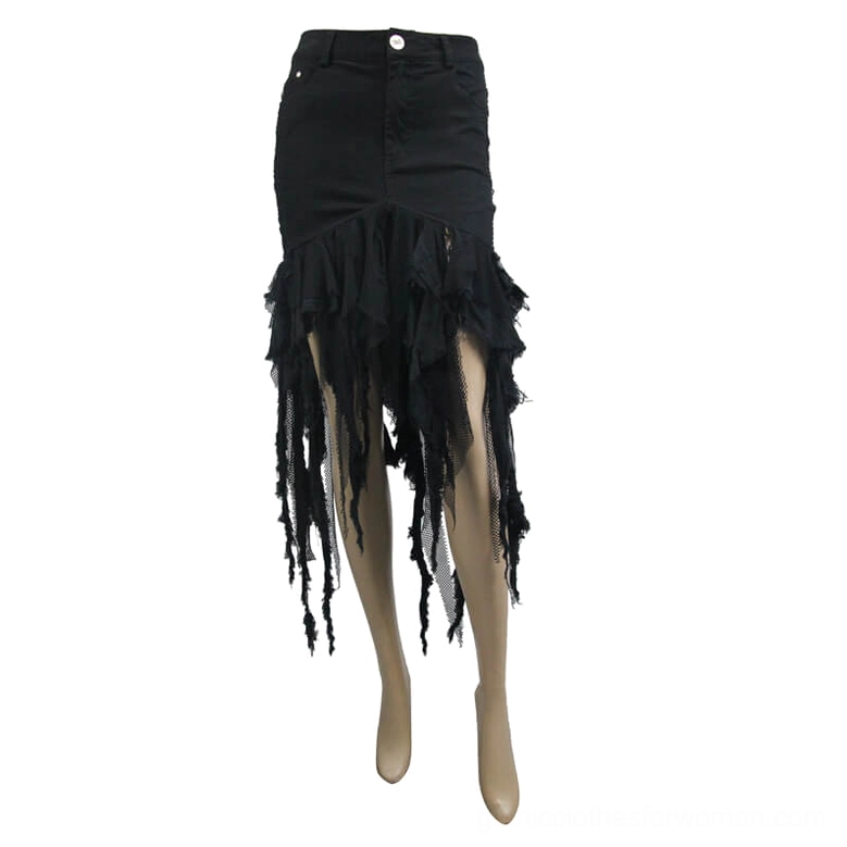 Black denim gothic skirt asymmetrical hem detail - front side angle showing irregular torn mesh tassels