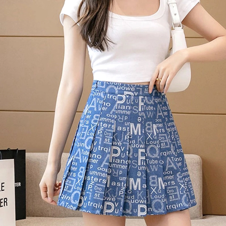 Typography denim mini skirt zipper closure and waistline detail, empire fit and functional design element
