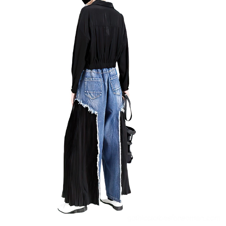High-waist wide-leg gothic denim trousers rear view displaying distressed back pockets and pleated side panel construction