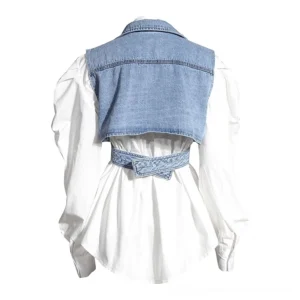 Two-piece gothic outfit back view showing cropped denim vest with adjustable waist strap and cutout detail