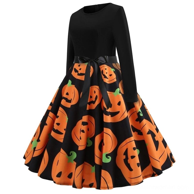 Dense orange jack-o'-lantern pumpkin print gothic dress with black long sleeves