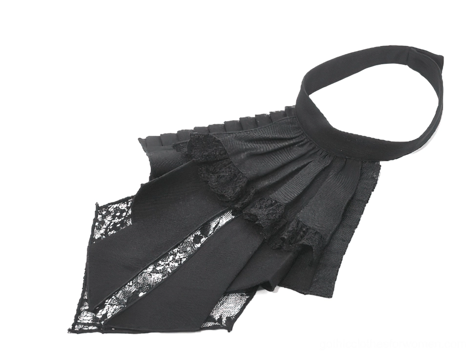 Detachable gothic bow tie jabot collar component with lace trim and pleated fabric detail